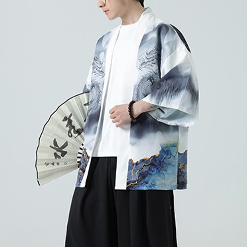 Buddha Stones Kimono d'été décontracté pour homme, motif montagnes de dragons, ouvert sur le devant - image 21