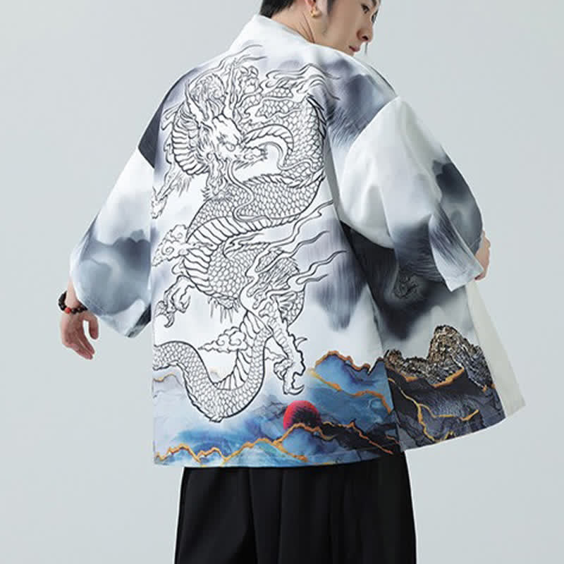 Buddha Stones Kimono d'été décontracté pour homme, motif montagnes de dragons, ouvert sur le devant - image 20