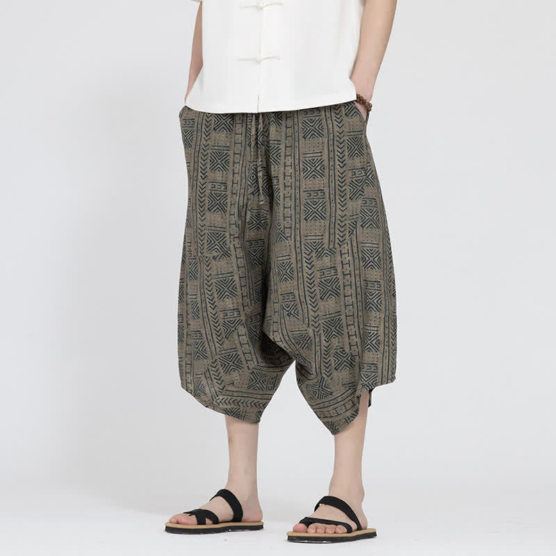 Buddha Stones Pantalon Capri d'été bohème décontracté à taille élastique et motif floral géométrique, style sarouel pour homme - Tanné - US/UK/AU48, EU58 (5XL) - image 0