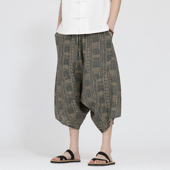 Buddha Stones Pantalon Capri d'été bohème décontracté à taille élastique et motif floral géométrique, style sarouel pour homme - Tanné - US/UK/AU48, EU58 (5XL) - image 0