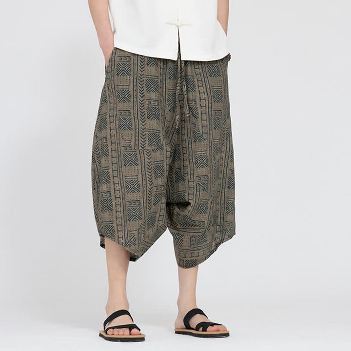 Buddha Stones Pantalon Capri d'été bohème décontracté à taille élastique et motif floral géométrique, style sarouel pour homme - image 6