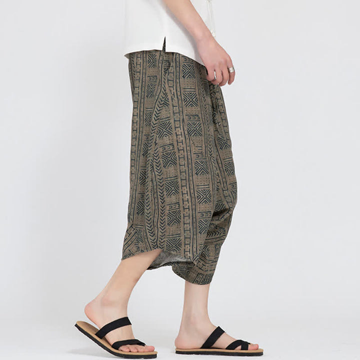 Buddha Stones Pantalon Capri d'été bohème décontracté à taille élastique et motif floral géométrique, style sarouel pour homme - image 2