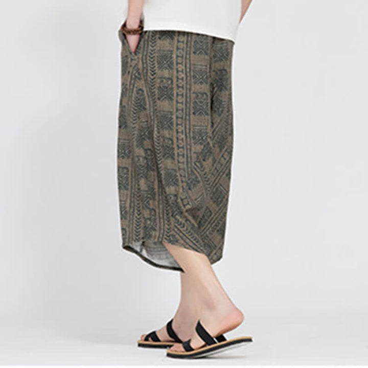 Buddha Stones Pantalon Capri d'été bohème décontracté à taille élastique et motif floral géométrique, style sarouel pour homme - image 3