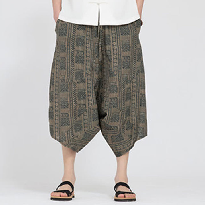 Buddha Stones Pantalon Capri d'été bohème décontracté à taille élastique et motif floral géométrique, style sarouel pour homme - image 1