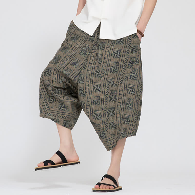Buddha Stones Pantalon Capri d'été bohème décontracté à taille élastique et motif floral géométrique, style sarouel pour homme - image 7