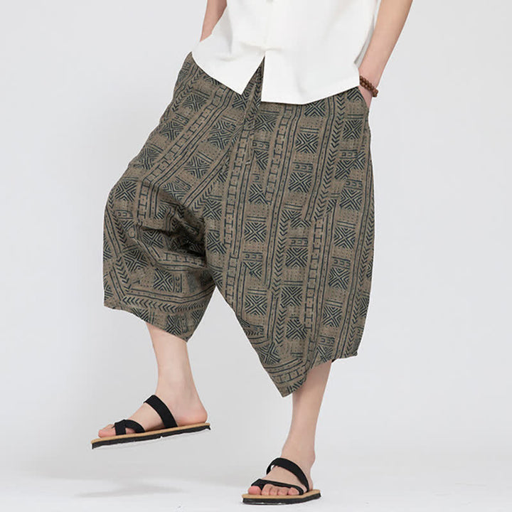 Buddha Stones Pantalon Capri d'été bohème décontracté à taille élastique et motif floral géométrique, style sarouel pour homme - image 7
