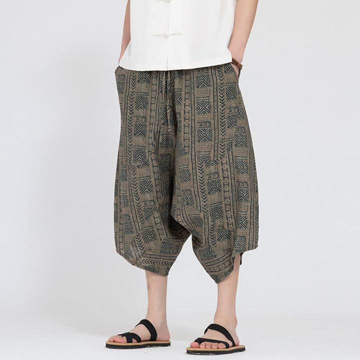 Buddha Stones Pantalon Capri d'été bohème décontracté à taille élastique et motif floral géométrique, style sarouel pour homme - image 5