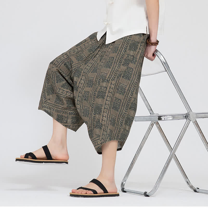 Buddha Stones Pantalon Capri d'été bohème décontracté à taille élastique et motif floral géométrique, style sarouel pour homme - image 9