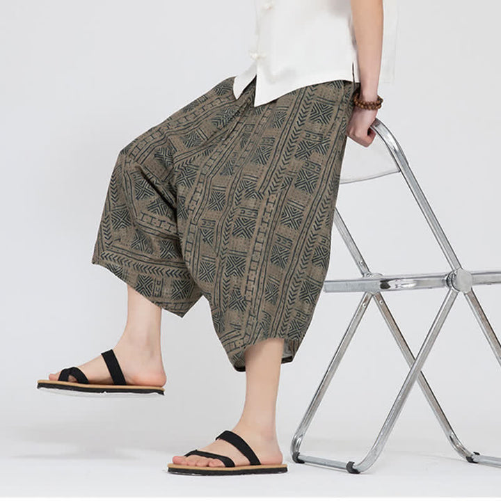 Buddha Stones Pantalon Capri d'été bohème décontracté à taille élastique et motif floral géométrique, style sarouel pour homme - image 9