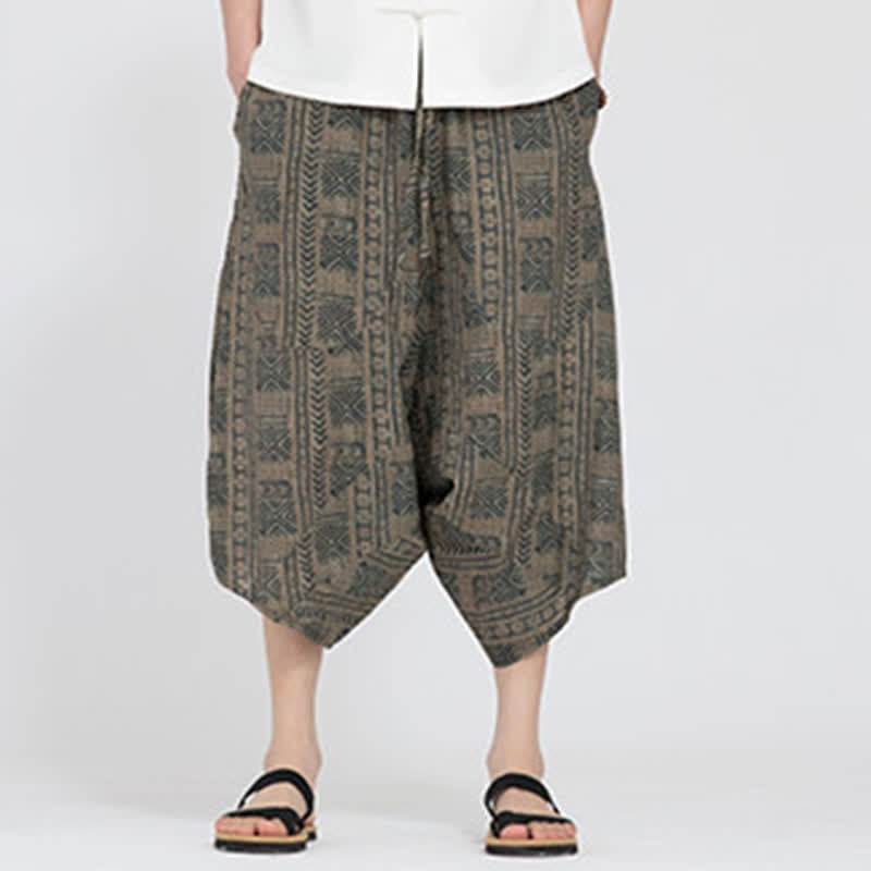 Buddha Stones Pantalon Capri d'été bohème décontracté à taille élastique et motif floral géométrique, style sarouel pour homme - image 1