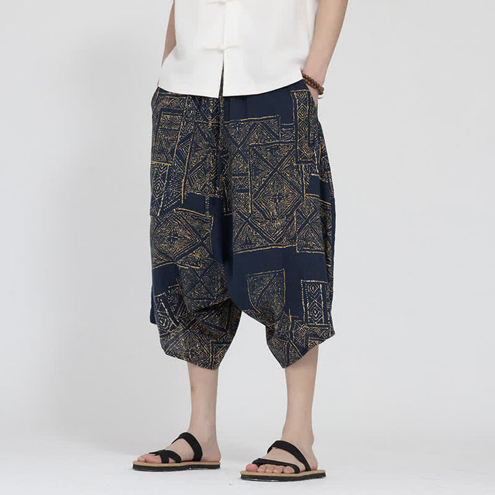 Buddha Stones Pantalon Capri d'été bohème décontracté à taille élastique et motif floral géométrique, style sarouel pour homme - image 10