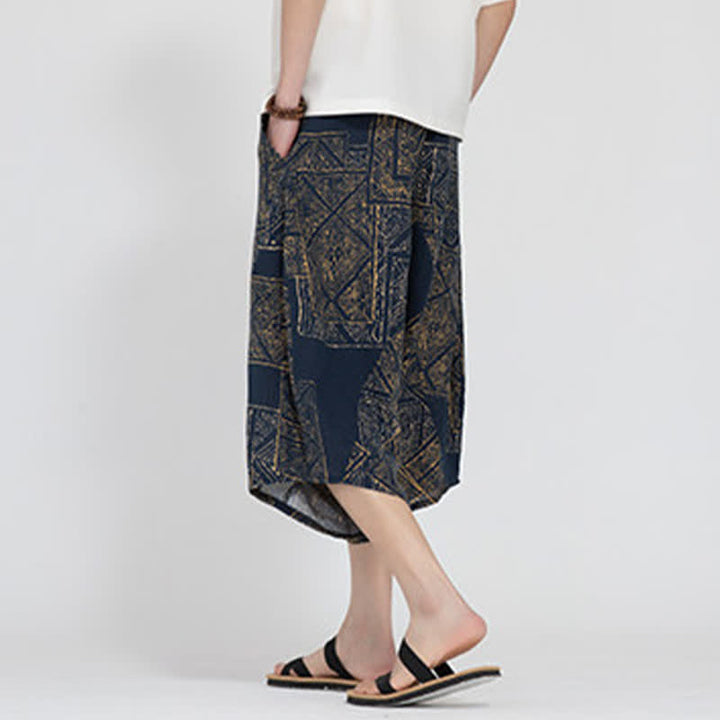 Buddha Stones Pantalon Capri d'été bohème décontracté à taille élastique et motif floral géométrique, style sarouel pour homme - image 12