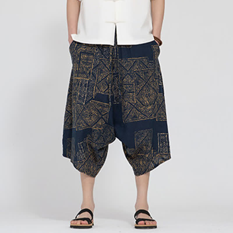 Buddha Stones Pantalon Capri d'été bohème décontracté à taille élastique et motif floral géométrique, style sarouel pour homme - image 11