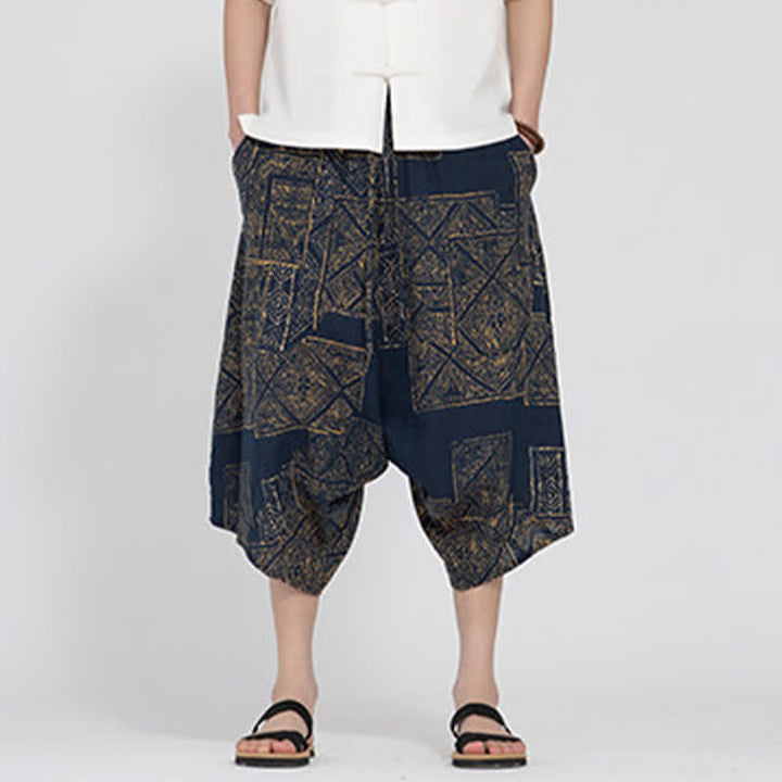 Buddha Stones Pantalon Capri d'été bohème décontracté à taille élastique et motif floral géométrique, style sarouel pour homme - image 11