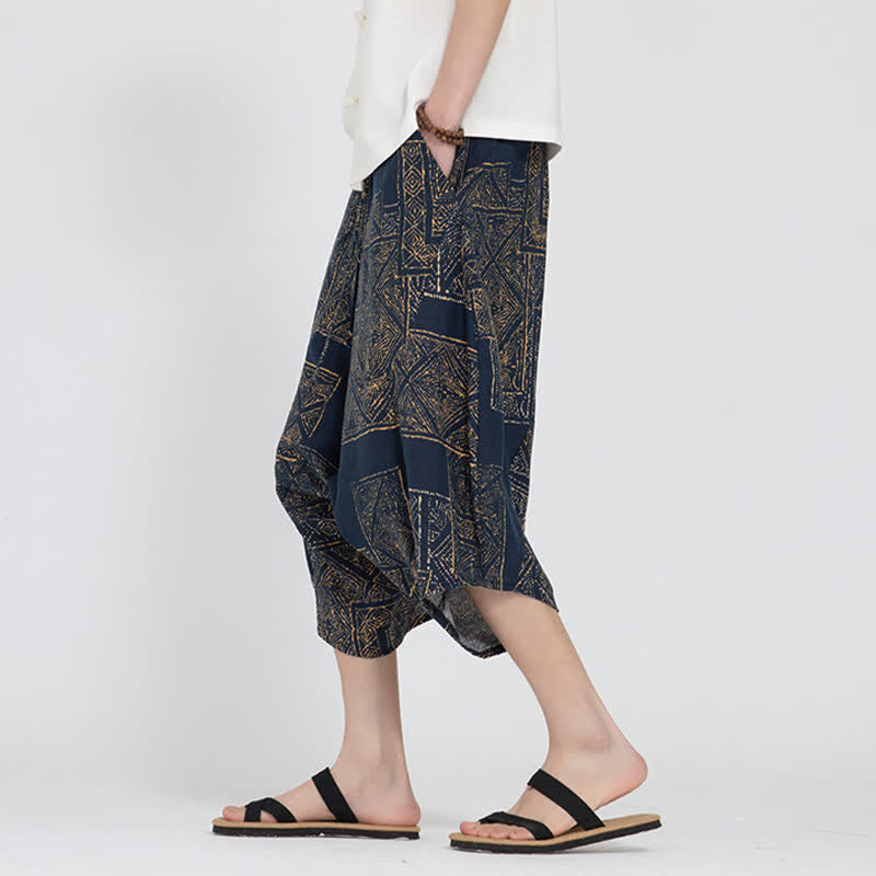 Buddha Stones Pantalon Capri d'été bohème décontracté à taille élastique et motif floral géométrique, style sarouel pour homme - image 13