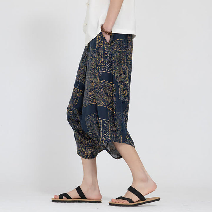 Buddha Stones Pantalon Capri d'été bohème décontracté à taille élastique et motif floral géométrique, style sarouel pour homme - image 13