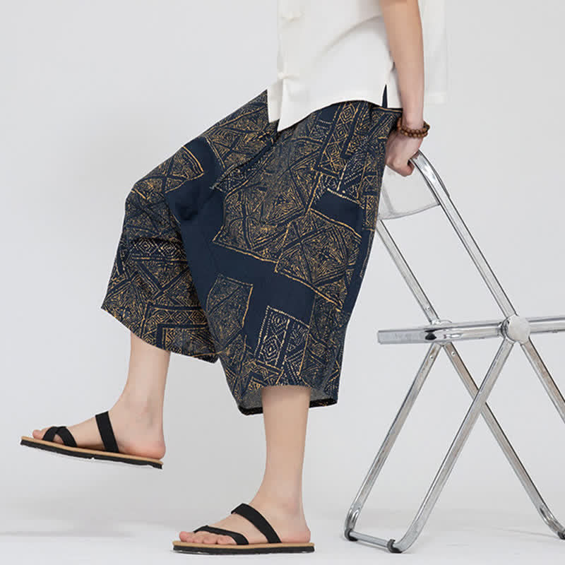 Buddha Stones Pantalon Capri d'été bohème décontracté à taille élastique et motif floral géométrique, style sarouel pour homme - image 19