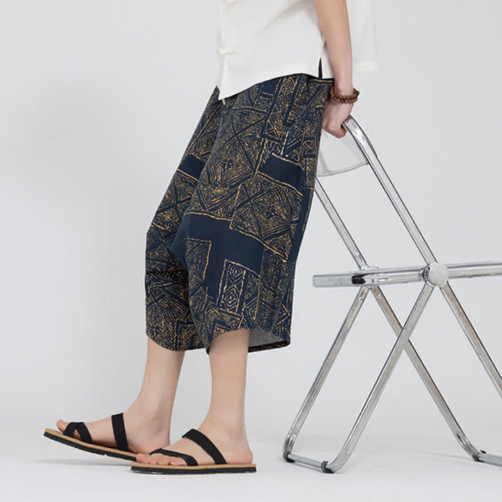 Buddha Stones Pantalon Capri d'été bohème décontracté à taille élastique et motif floral géométrique, style sarouel pour homme - image 18