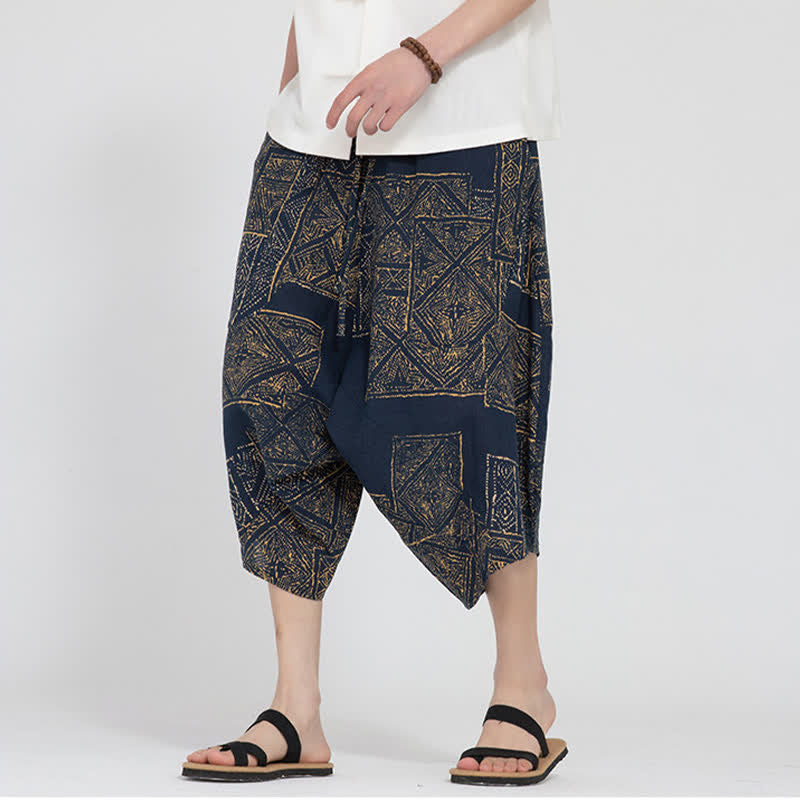 Buddha Stones Pantalon Capri d'été bohème décontracté à taille élastique et motif floral géométrique, style sarouel pour homme - image 16