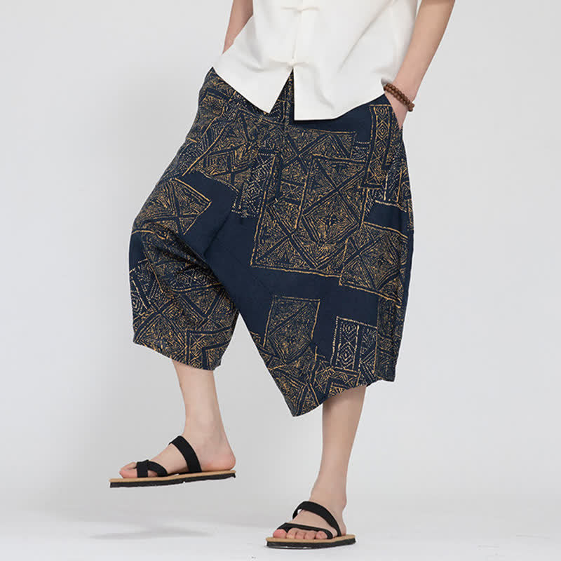 Buddha Stones Pantalon Capri d'été bohème décontracté à taille élastique et motif floral géométrique, style sarouel pour homme - image 17