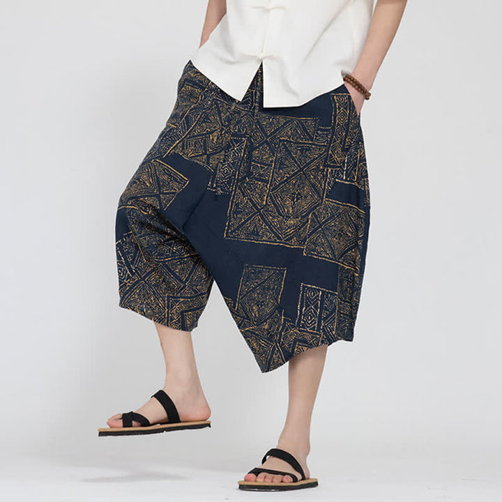Buddha Stones Pantalon Capri d'été bohème décontracté à taille élastique et motif floral géométrique, style sarouel pour homme - image 17