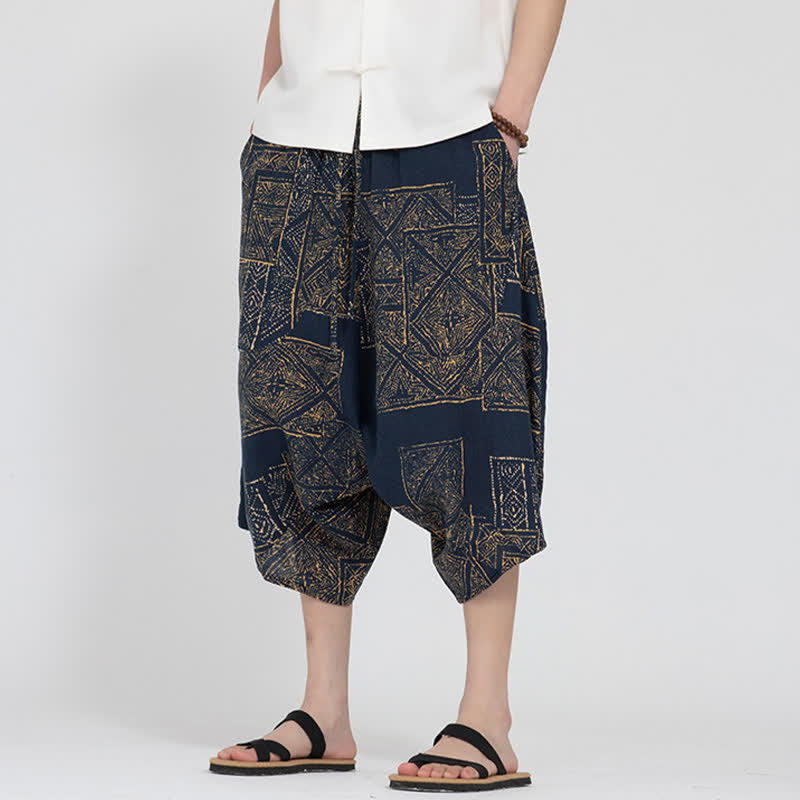 Buddha Stones Pantalon Capri d'été bohème décontracté à taille élastique et motif floral géométrique, style sarouel pour homme - image 15