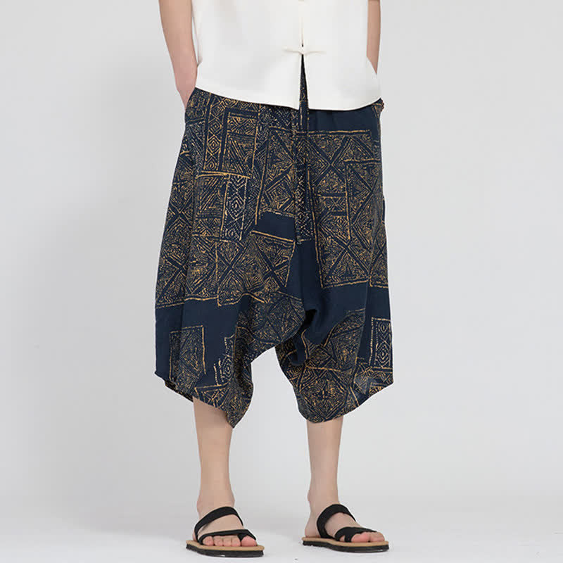 Buddha Stones Pantalon Capri d'été bohème décontracté à taille élastique et motif floral géométrique, style sarouel pour homme - SteelBlue - US/UK/AU48, EU58 (5XL) - image 14