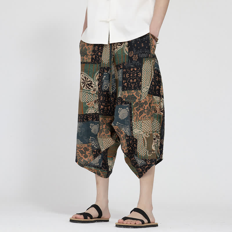 Buddha Stones Pantalon Capri d'été bohème décontracté à taille élastique et motif floral géométrique, style sarouel pour homme - image 21