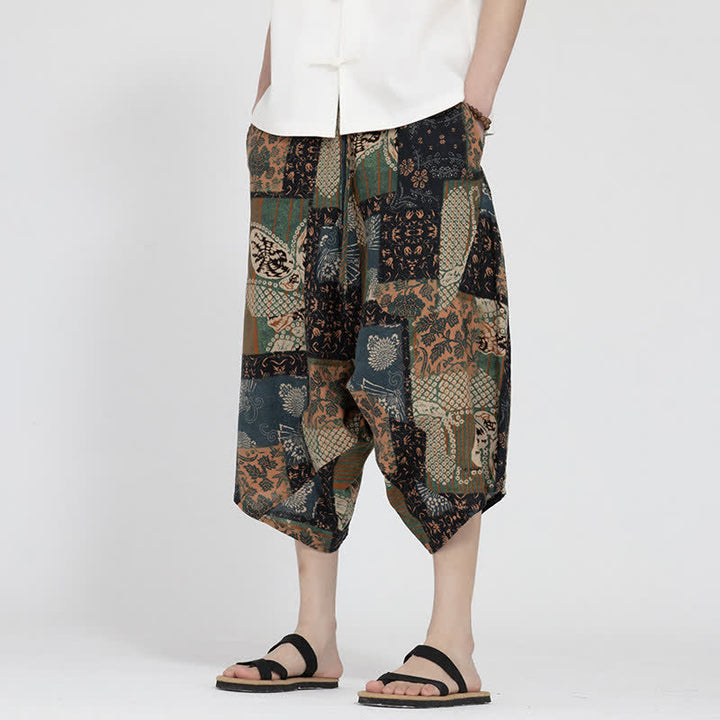 Buddha Stones Pantalon Capri d'été bohème décontracté à taille élastique et motif floral géométrique, style sarouel pour homme - image 21