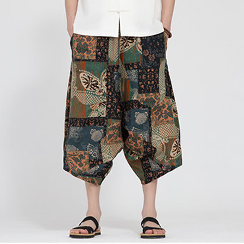 Buddha Stones Pantalon Capri d'été bohème décontracté à taille élastique et motif floral géométrique, style sarouel pour homme - image 25