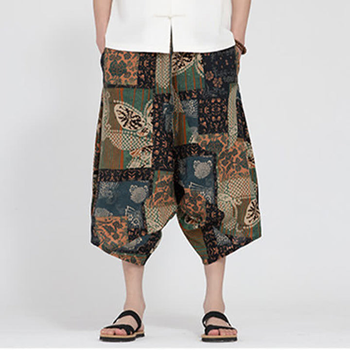 Buddha Stones Pantalon Capri d'été bohème décontracté à taille élastique et motif floral géométrique, style sarouel pour homme - image 25