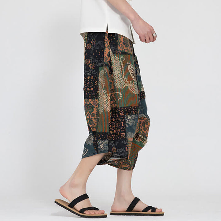 Buddha Stones Pantalon Capri d'été bohème décontracté à taille élastique et motif floral géométrique, style sarouel pour homme - image 23