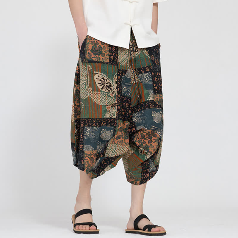 Buddha Stones Pantalon Capri d'été bohème décontracté à taille élastique et motif floral géométrique, style sarouel pour homme - image 24