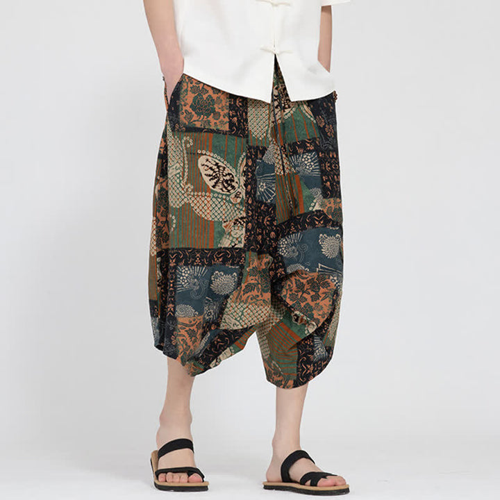 Buddha Stones Pantalon Capri d'été bohème décontracté à taille élastique et motif floral géométrique, style sarouel pour homme - image 24