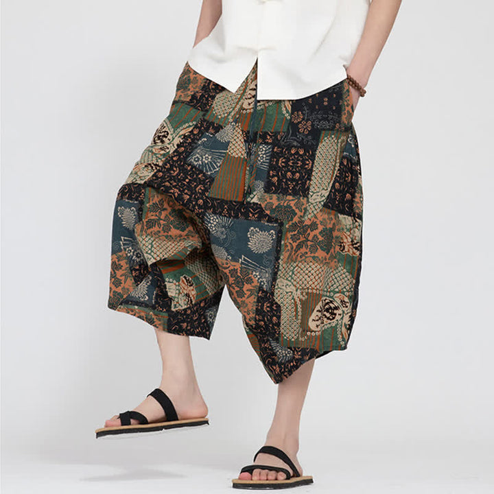 Buddha Stones Pantalon Capri d'été bohème décontracté à taille élastique et motif floral géométrique, style sarouel pour homme - image 26