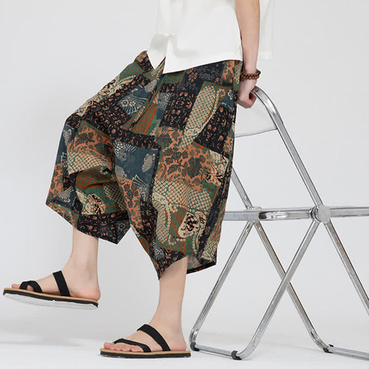 Buddha Stones Pantalon Capri d'été bohème décontracté à taille élastique et motif floral géométrique, style sarouel pour homme - image 28