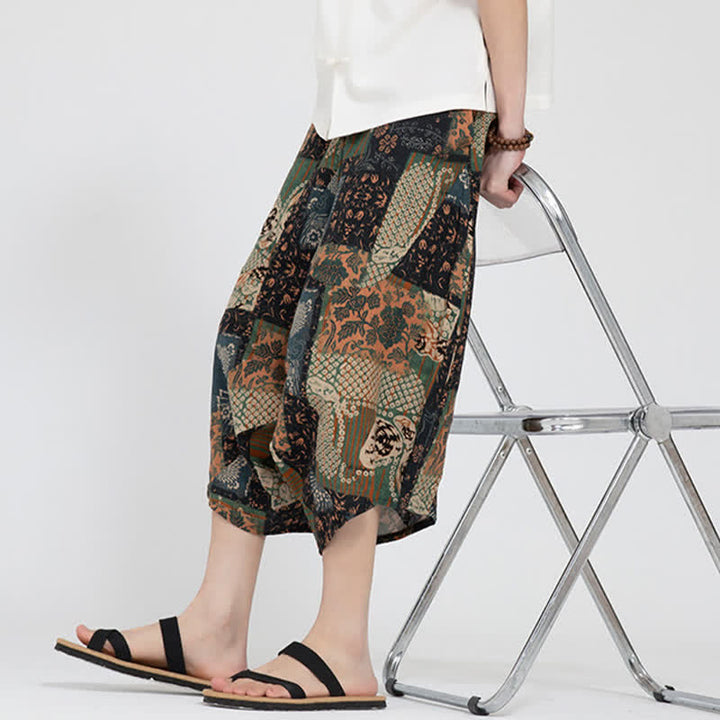 Buddha Stones Pantalon Capri d'été bohème décontracté à taille élastique et motif floral géométrique, style sarouel pour homme - image 27
