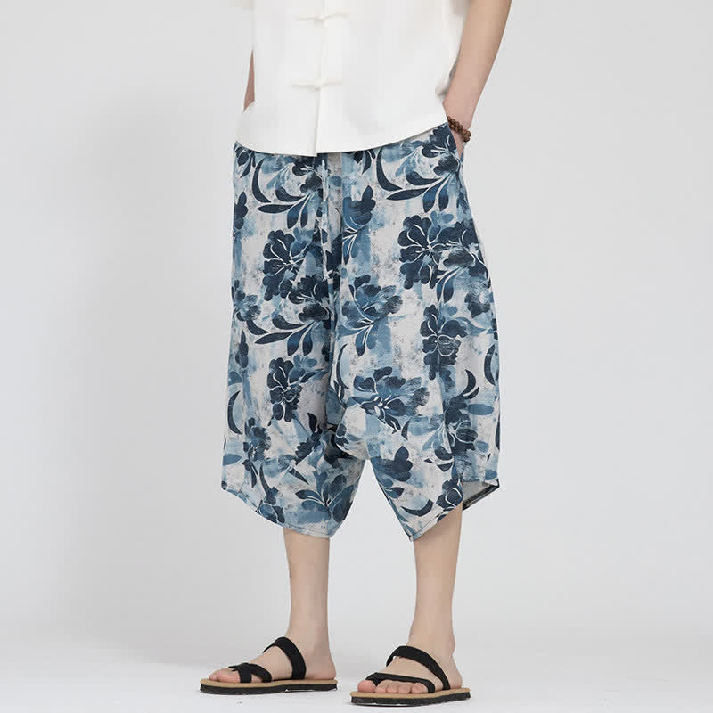 Buddha Stones Pantalon Capri d'été bohème décontracté à taille élastique et motif floral géométrique, style sarouel pour homme - image 30