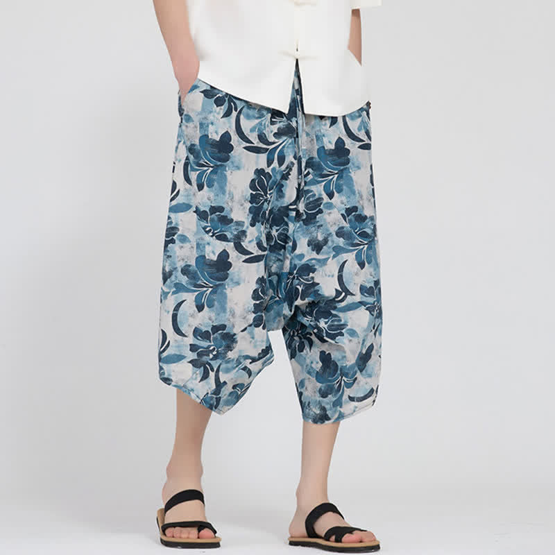 Buddha Stones Pantalon Capri d'été bohème décontracté à taille élastique et motif floral géométrique, style sarouel pour homme - Bleu clair - US/UK/AU48, EU58 (5XL) - image 29