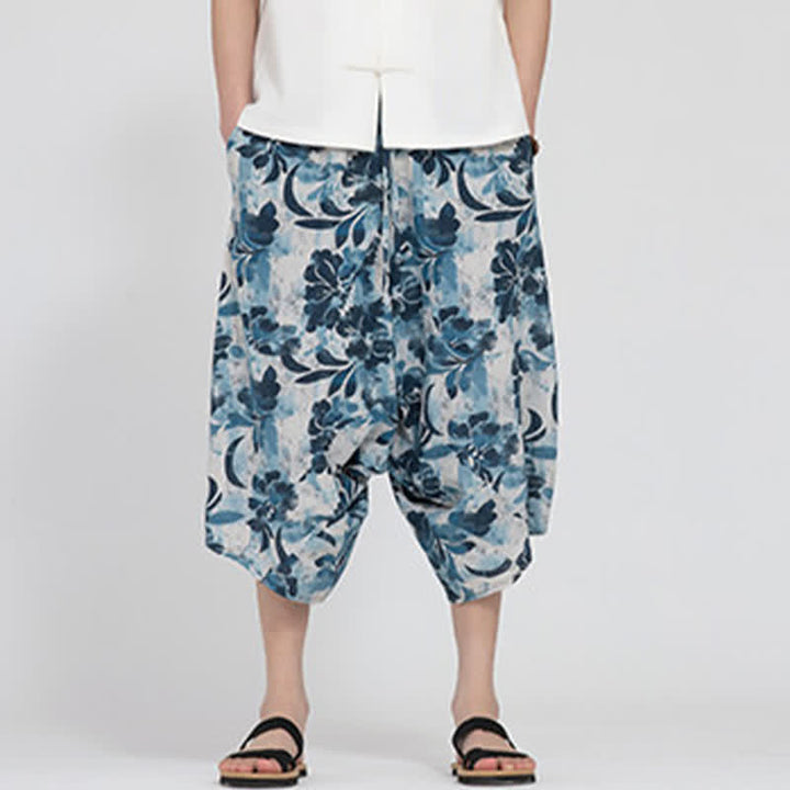Buddha Stones Pantalon Capri d'été bohème décontracté à taille élastique et motif floral géométrique, style sarouel pour homme - image 32