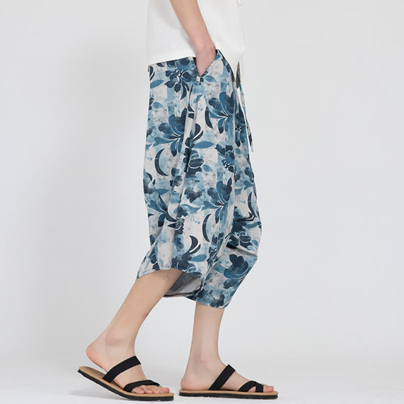 Buddha Stones Pantalon Capri d'été bohème décontracté à taille élastique et motif floral géométrique, style sarouel pour homme - image 33