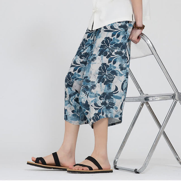 Buddha Stones Pantalon Capri d'été bohème décontracté à taille élastique et motif floral géométrique, style sarouel pour homme - image 38