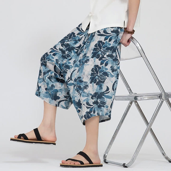 Buddha Stones Pantalon Capri d'été bohème décontracté à taille élastique et motif floral géométrique, style sarouel pour homme - image 37