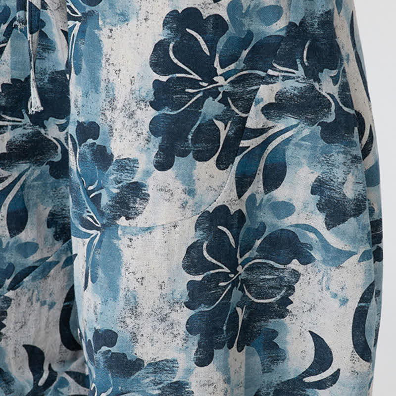 Buddha Stones Pantalon Capri d'été bohème décontracté à taille élastique et motif floral géométrique, style sarouel pour homme - image 42