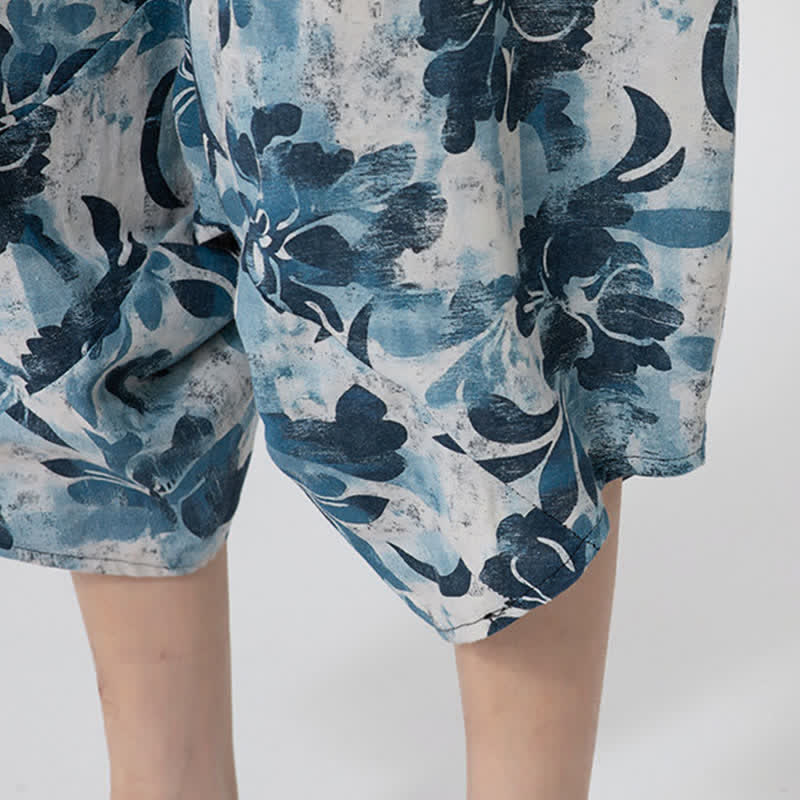 Buddha Stones Pantalon Capri d'été bohème décontracté à taille élastique et motif floral géométrique, style sarouel pour homme - image 41