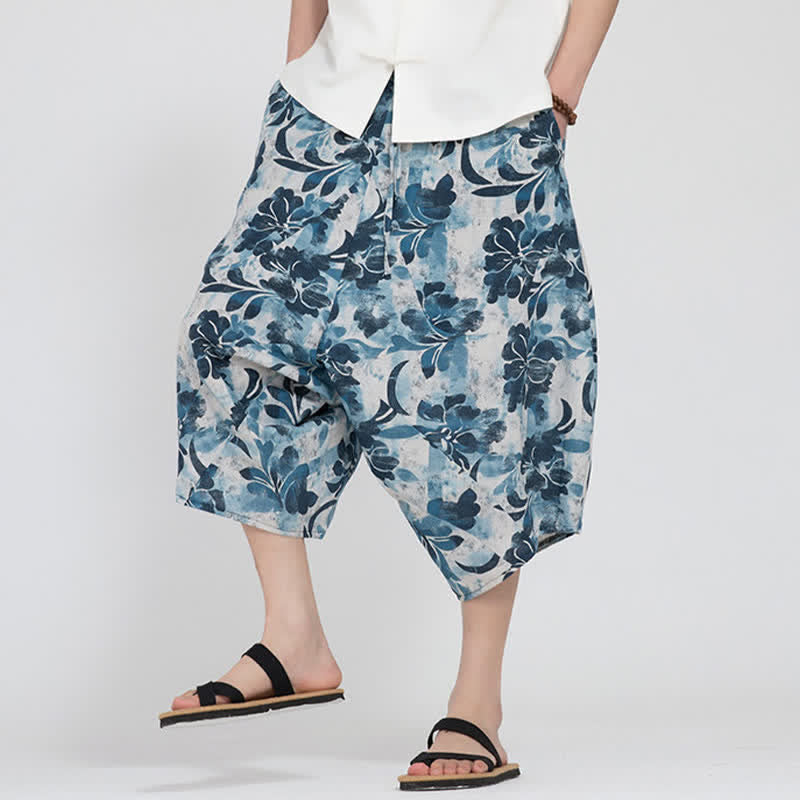 Buddha Stones Pantalon Capri d'été bohème décontracté à taille élastique et motif floral géométrique, style sarouel pour homme - image 36