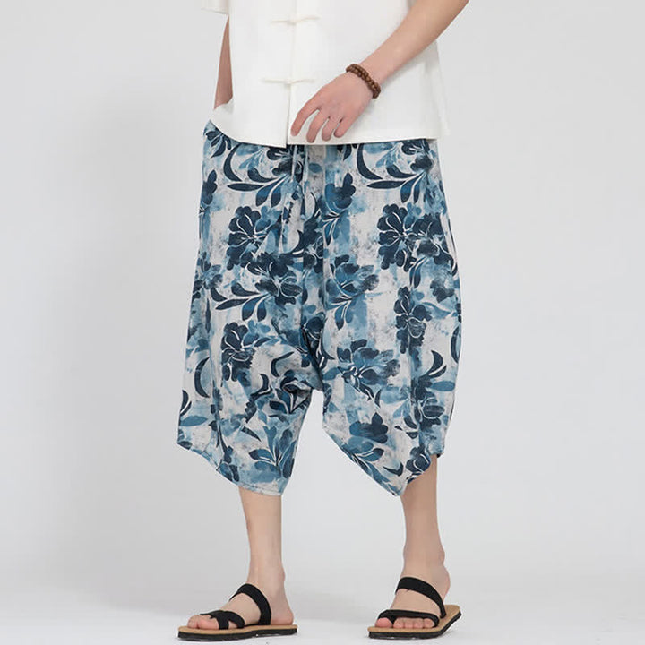 Buddha Stones Pantalon Capri d'été bohème décontracté à taille élastique et motif floral géométrique, style sarouel pour homme - image 34