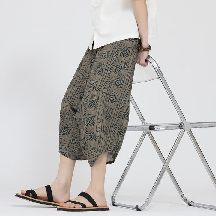 Buddha Stones Pantalon Capri d'été bohème décontracté à taille élastique et motif floral géométrique, style sarouel pour homme - image 8