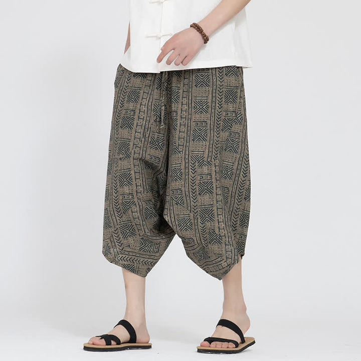 Buddha Stones Pantalon Capri d'été bohème décontracté à taille élastique et motif floral géométrique, style sarouel pour homme - image 4