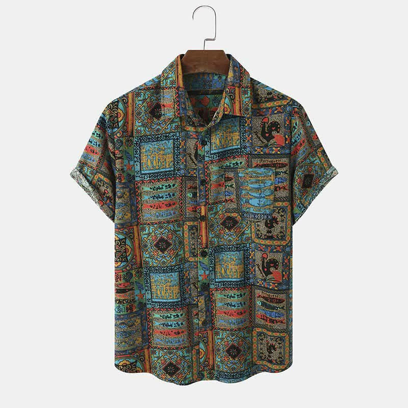 Buddha Stones Chemises d'été bohèmes vintage à manches courtes pour hommes, à boutons et à motifs géométriques. - Sarcelle - US/UK/AU44，EU54 (3XL) - image 0